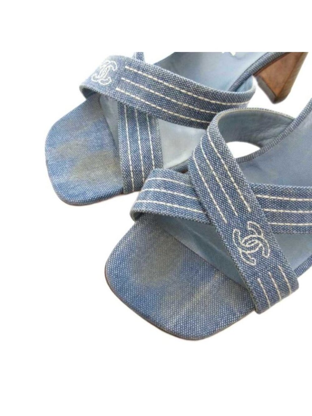 Chanel Coco Mark Denim Mule Heel Sandals Square Toe Canvas 37 Blue GV GY62 - Picture 4 of 8